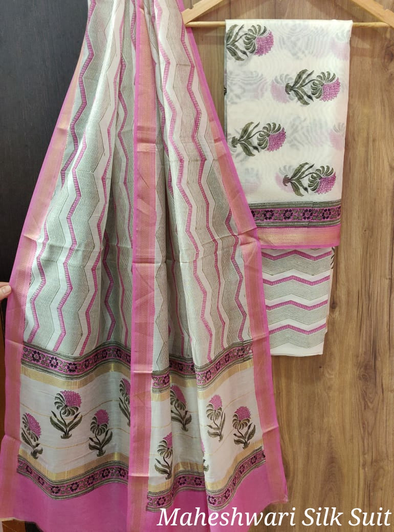 Pink Zig Zak Print Maheshwari Silk Suit Unstitched with Silk Dupatta