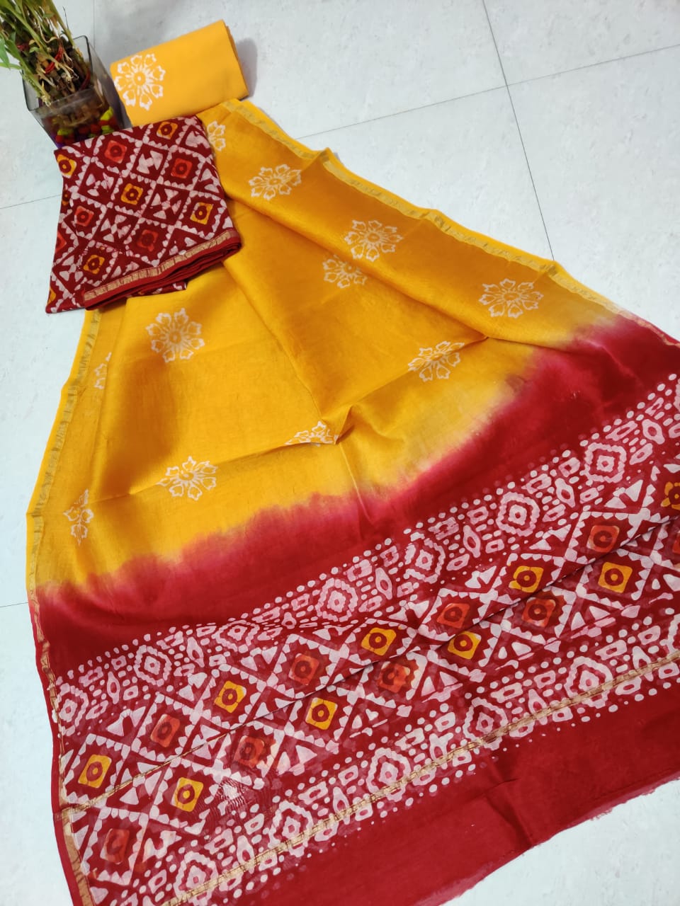 Yellow Flower Print Chanderi Unstitched Suit Set with Cotton Bottom
