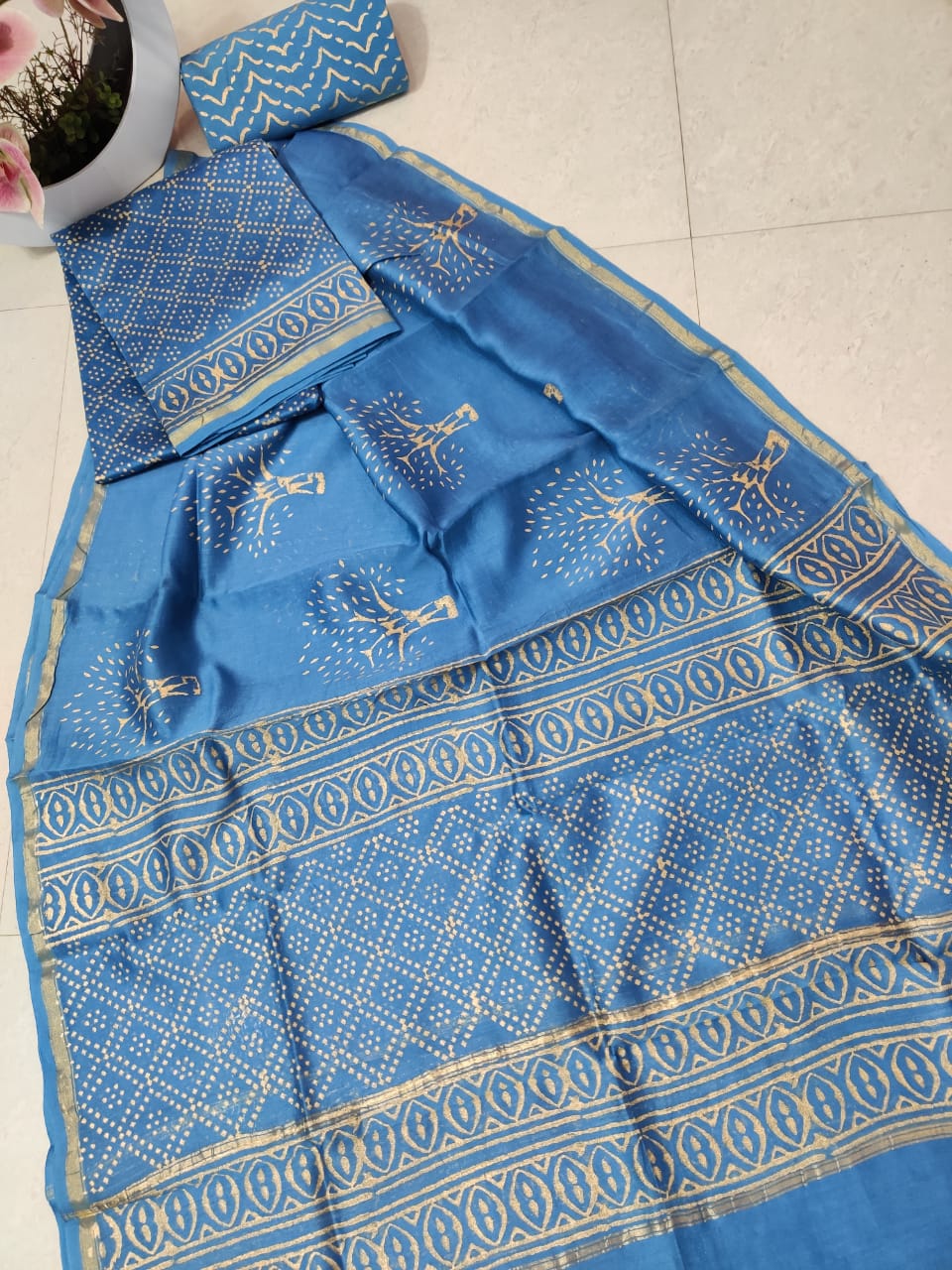Light Blue Tree Print Chanderi Unstitched Suit Set with Cotton Bottom