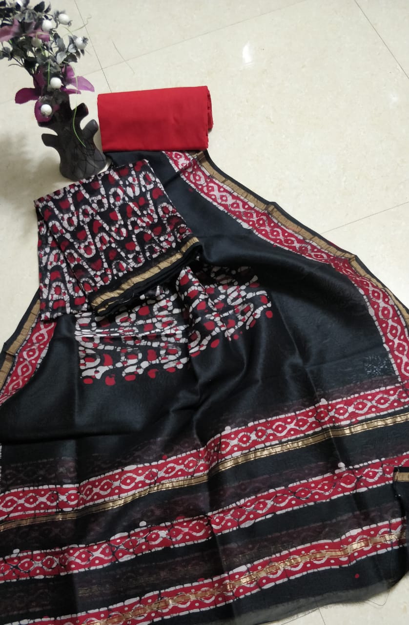 Black & Pink Chanderi Unstitched Suit Set with Cotton Bottom