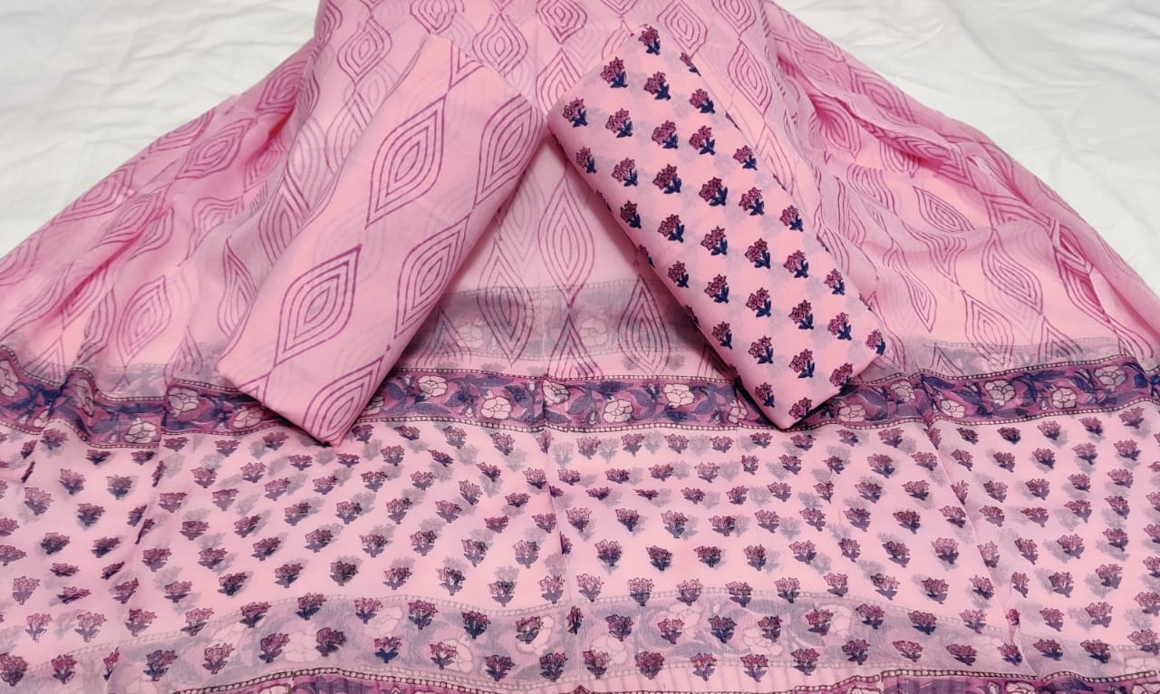 Pink Leaf Print Cotton Unstitched Suit Set with Chiffon Dupatta