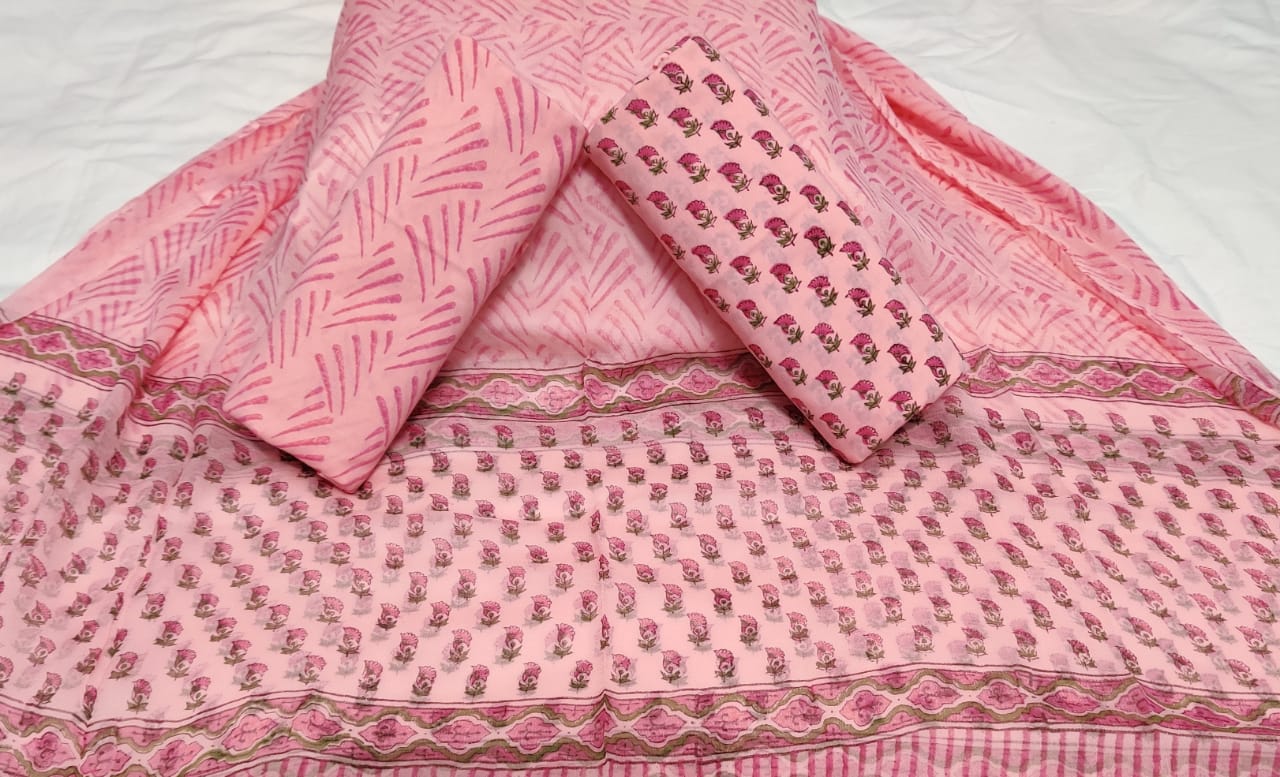 Pink Flower Print Cotton Unstitched Suit Set with Chiffon Dupatta