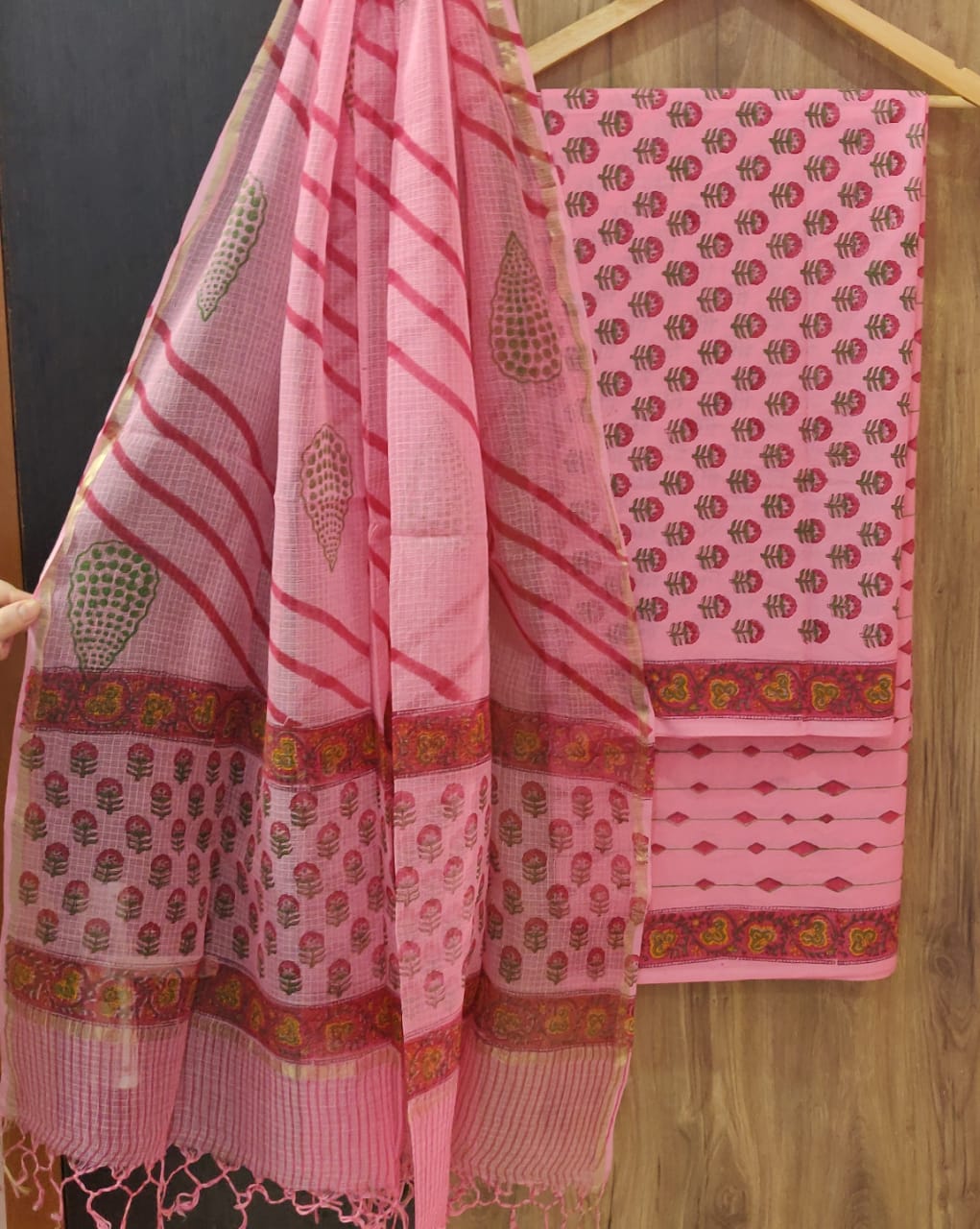 Pink Flower Print Cotton Suit Set with Kota Doria Duppatta