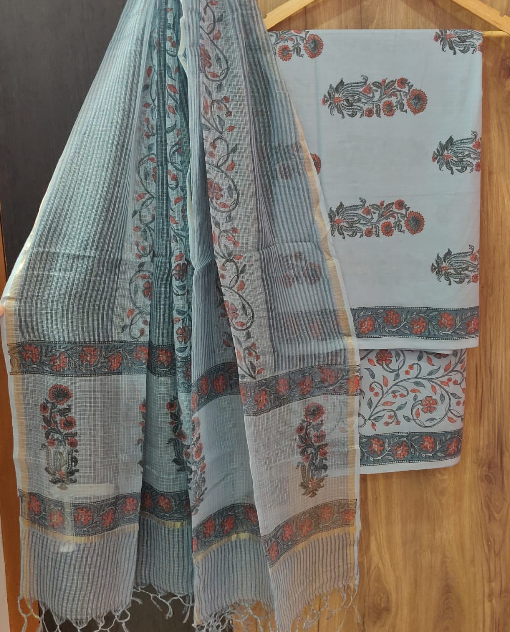 Light Blue Flower Print Cotton Suit Set with Kota Doria Duppatta