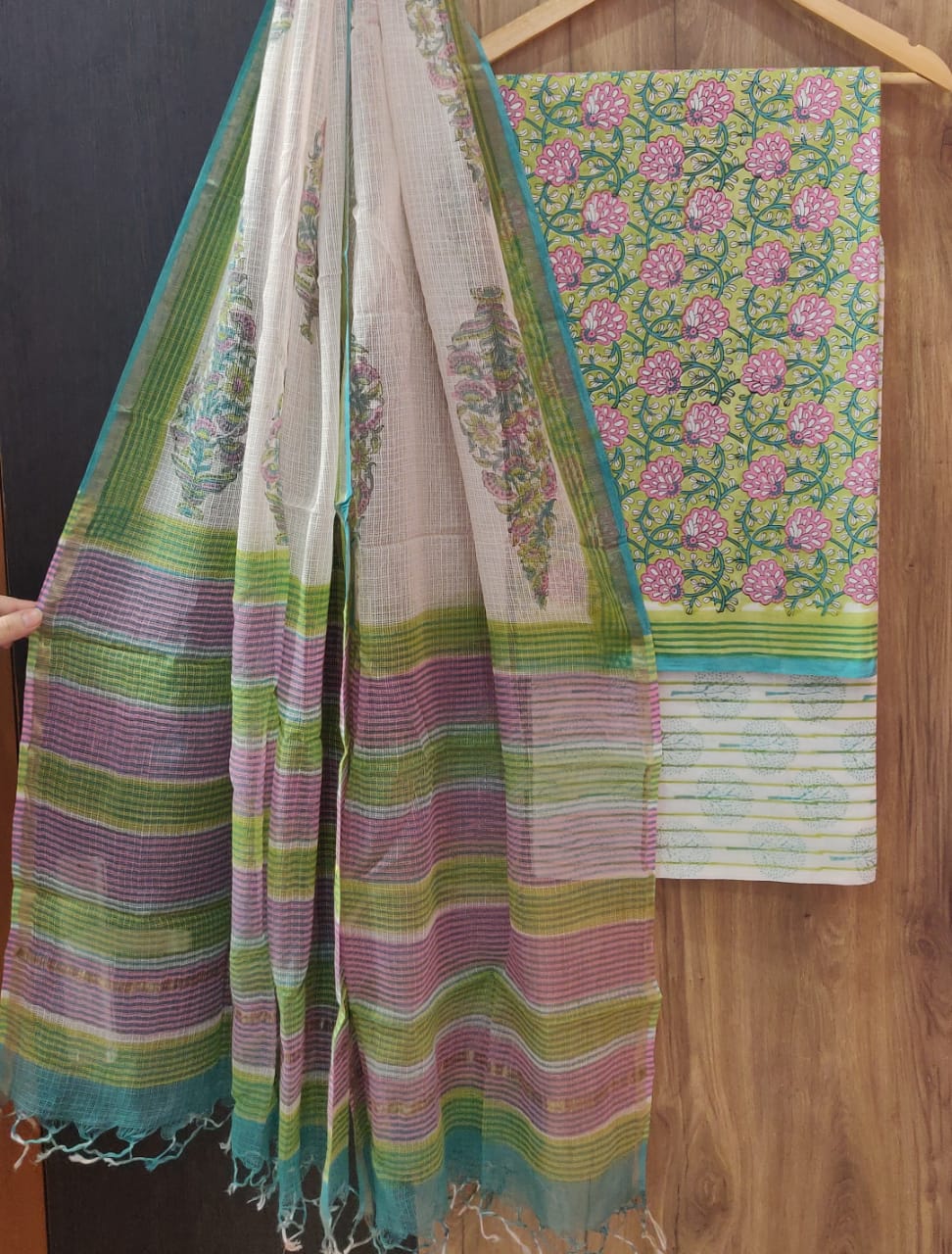 Green & Pink Flower Print Cotton Suit Set with Kota Doria Duppatta