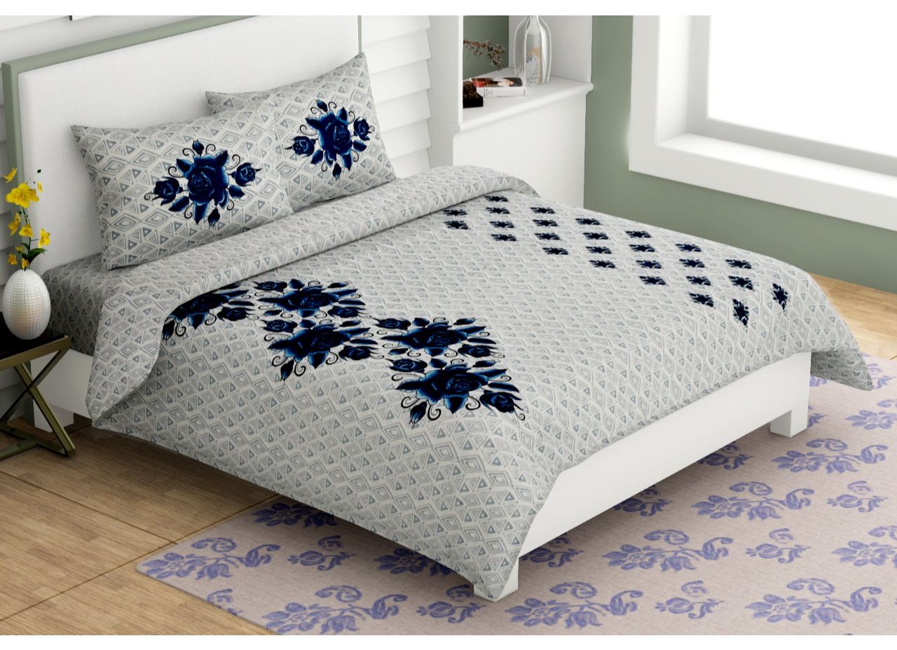 Cream Base Blue Flower Print Premium Cotton XL King Size Bed Sheet