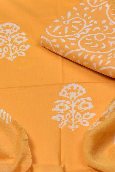 Orange Tree Print Cotton Unstitched Suit Set with Chiffon Dupatta