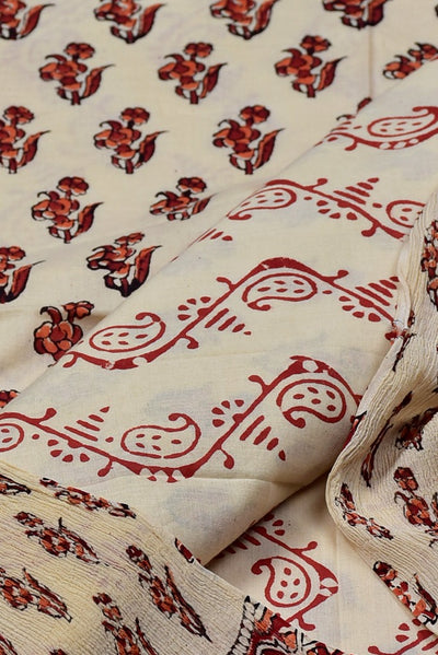 Brown Flower Print Cotton Unstitched Suit Set with Chiffon Dupatta