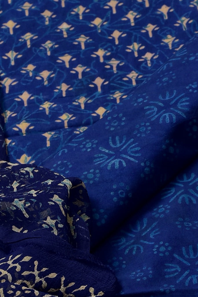 Blue Flower Print Cotton Unstitched Suit Set with Chiffon Dupatta