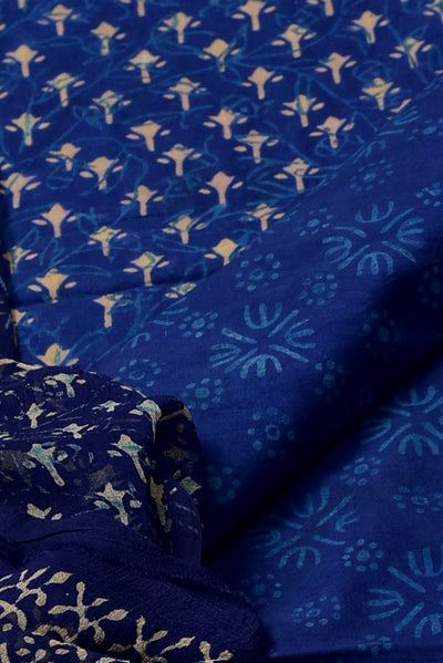 Blue Flower Print Cotton Unstitched Suit Set with Chiffon Dupatta