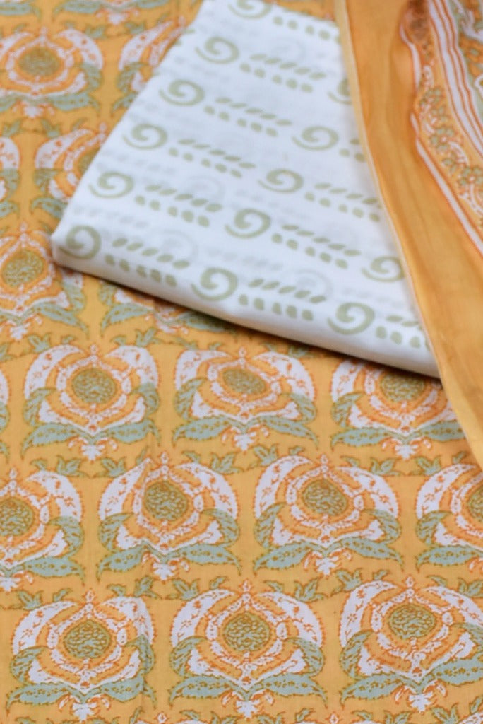 Orange Flower Print Cotton Unstitched Suit Set with Cotton Dupatta