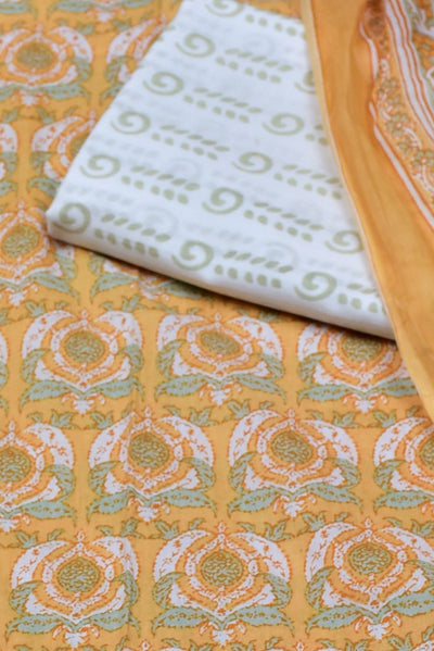 Orange Flower Print Cotton Unstitched Suit Set with Cotton Dupatta