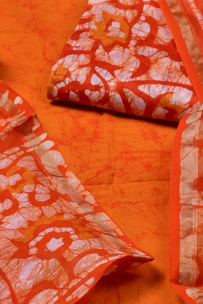 Orange Flower Print Chanderi Unstitched Suit Set with Cotton Bottom
