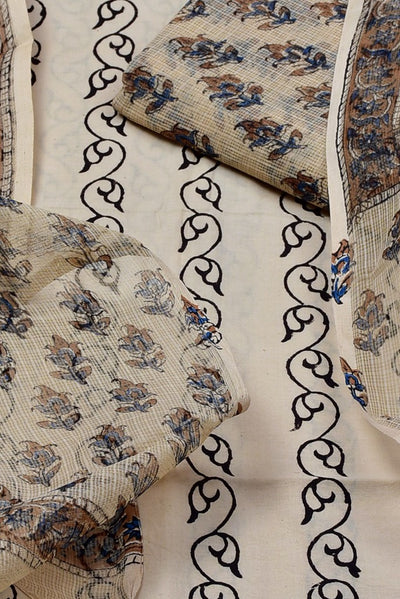 White Leaf Print Cotton Suit Set with Kota Doria Duppatta