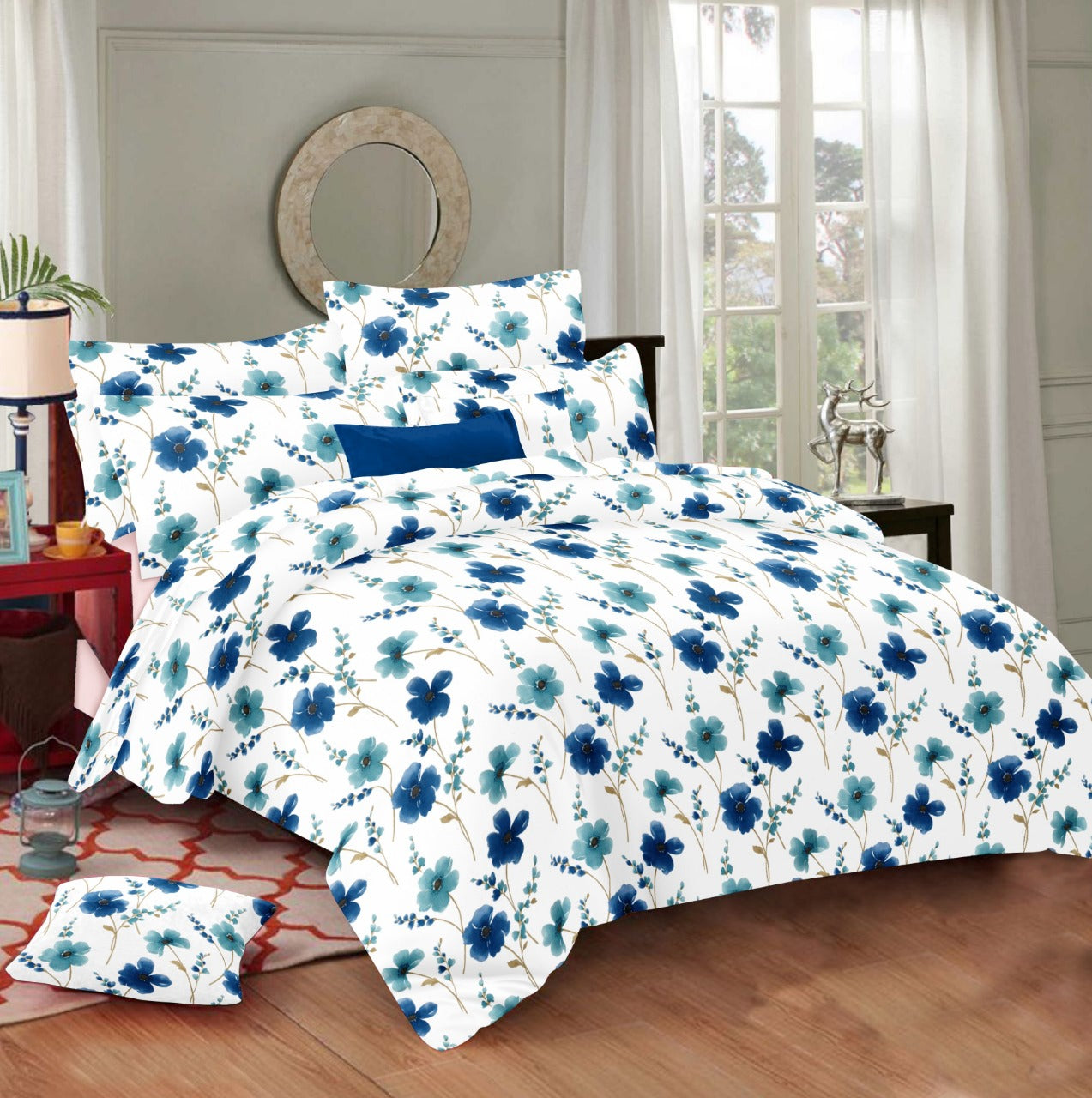 White Base Blue Flower Print Extra Large King Size Cotton Bed Sheet 108*108