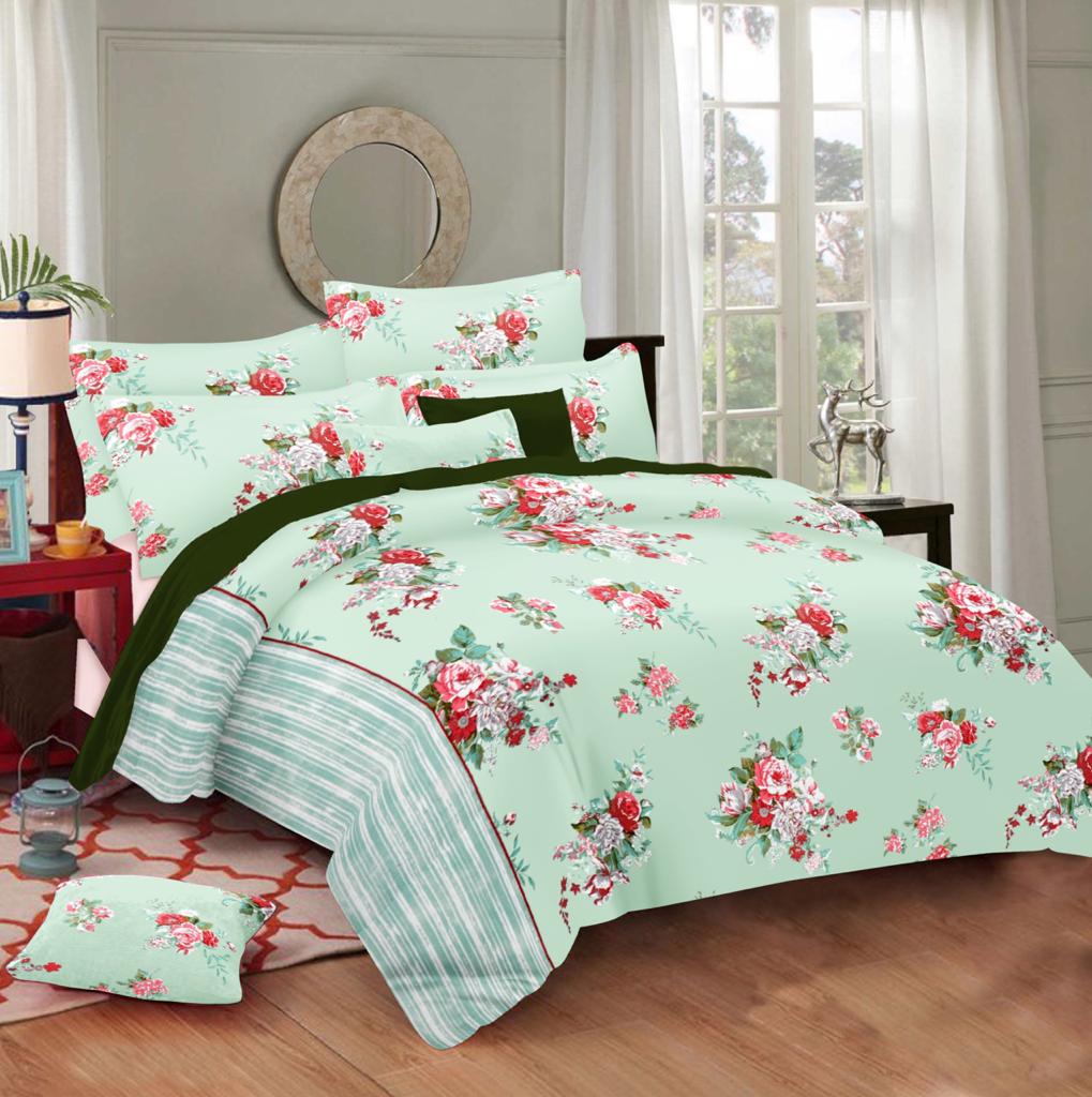 Mint Green Flower Print Extra Large King Size Cotton Bed Sheet 108*108