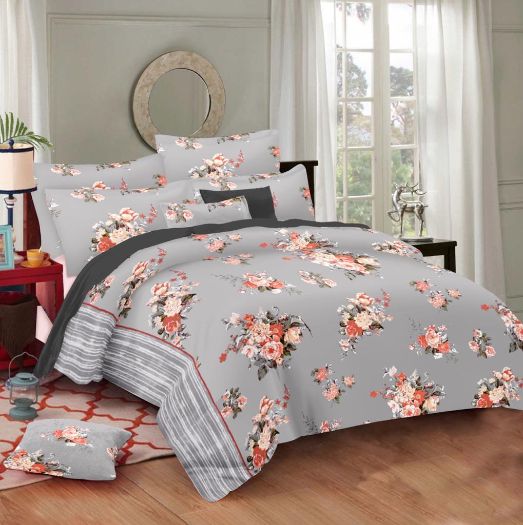 Grey Flower Print Extra Large King Size Cotton Bed Sheet 108*108