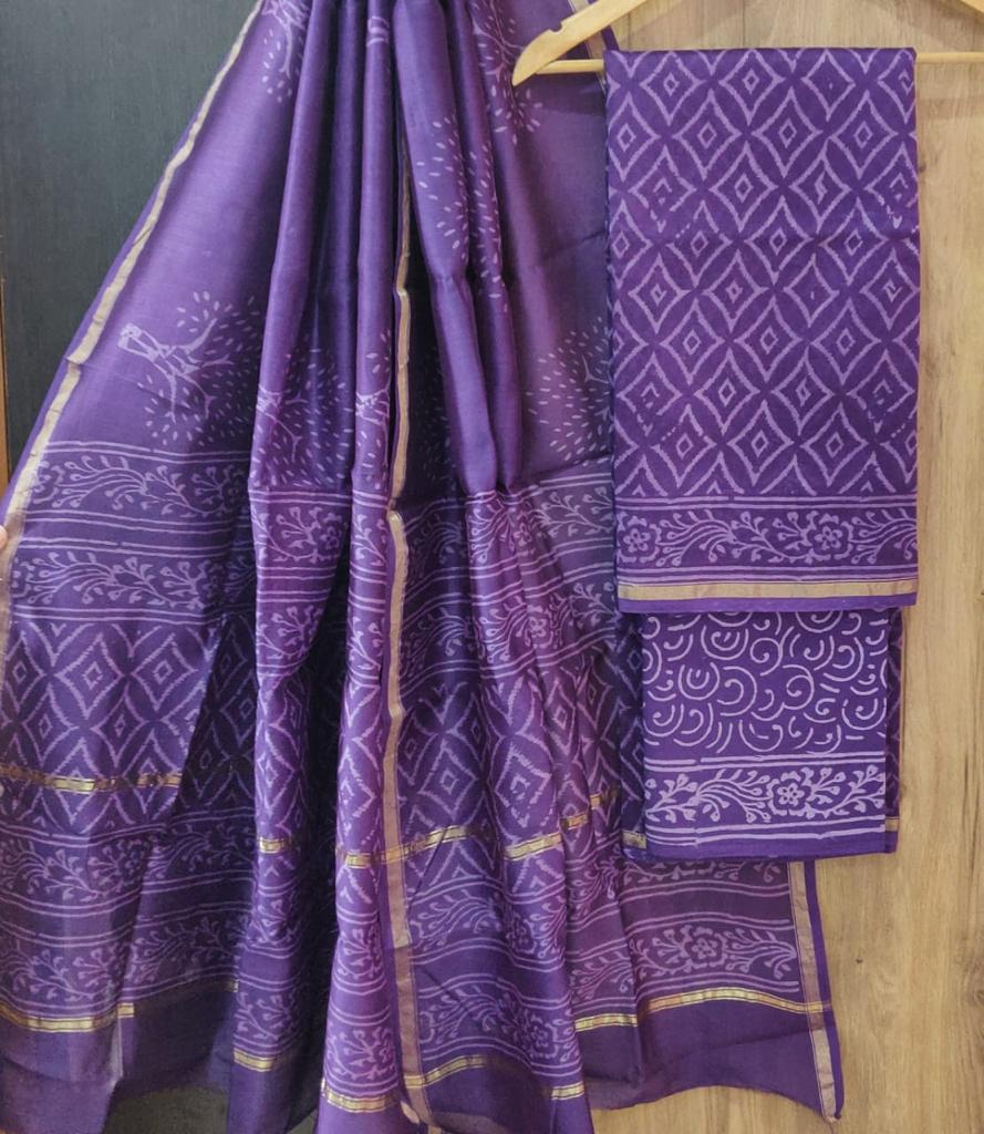 Dark Violet Tree Print Chanderi Unstitched Suit Set with Cotton Bottom