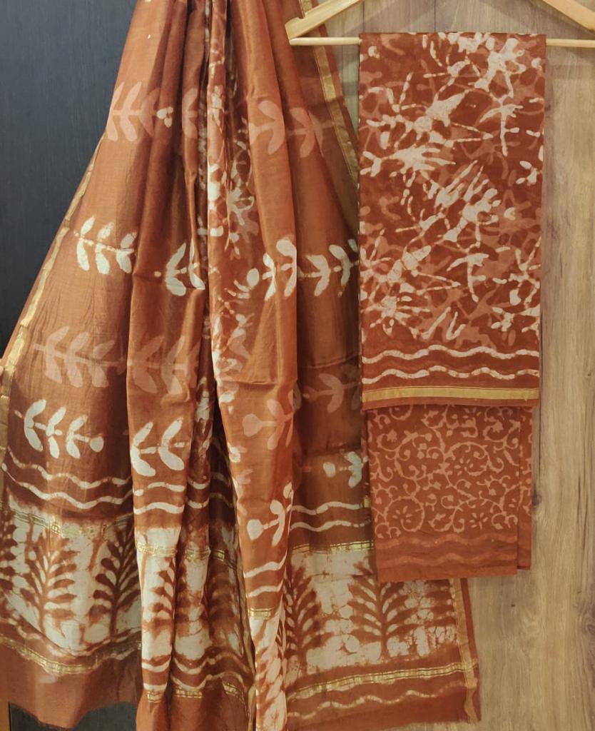 Brown Leaf Print Chanderi Unstitched Suit Set with Cotton Bottom