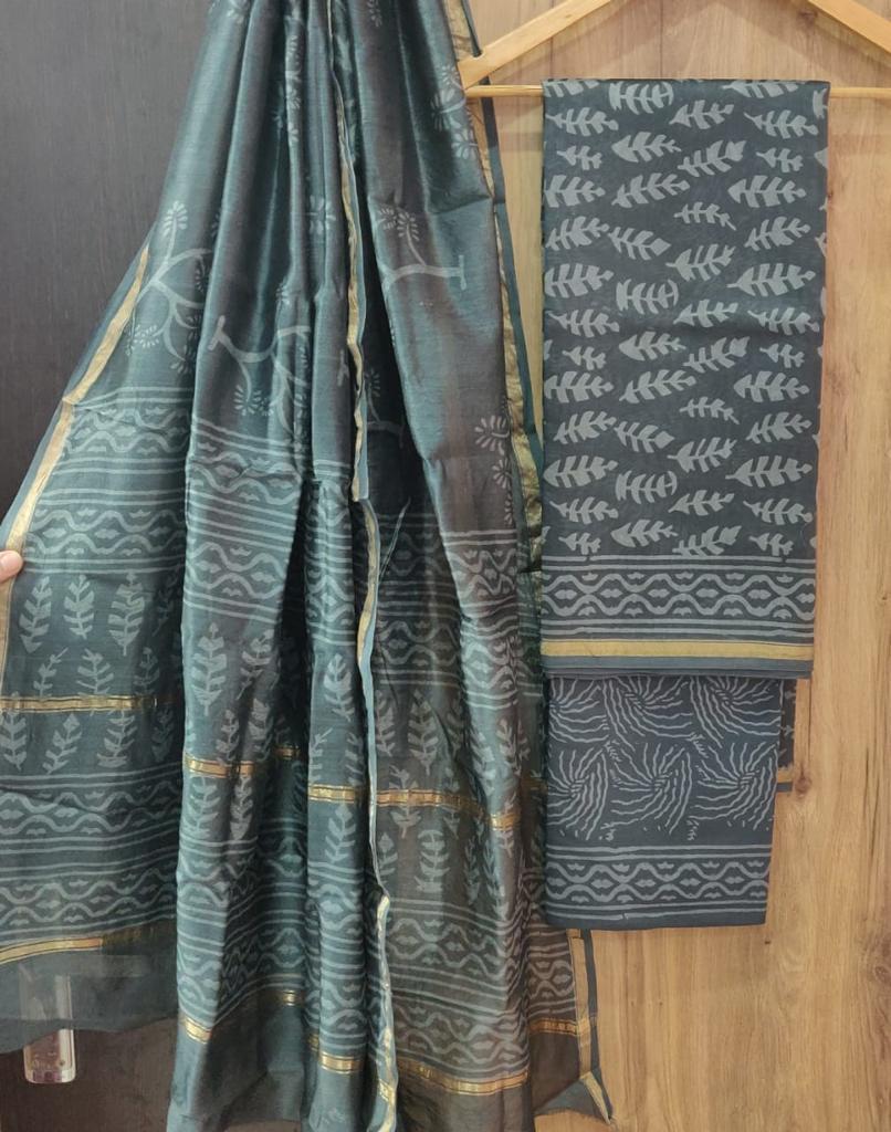 Grey Tree Print Chanderi Unstitched Suit Set with Cotton Bottom