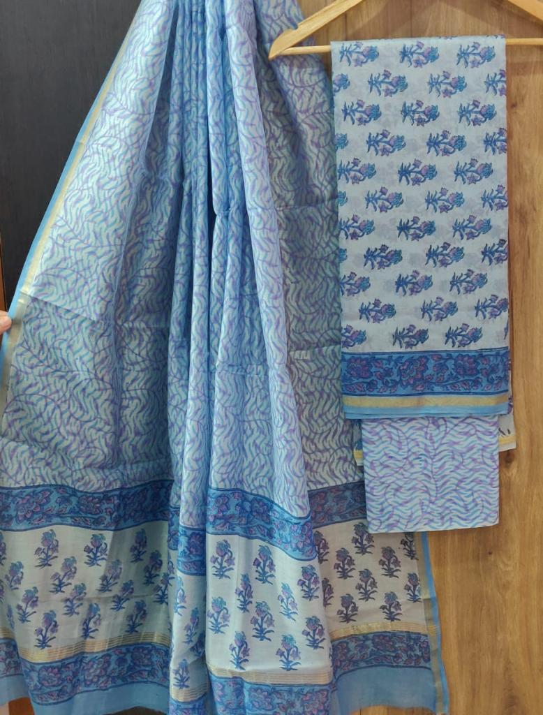 Sky Blue Flower Print Chanderi Unstitched Suit Set with Cotton Bottom