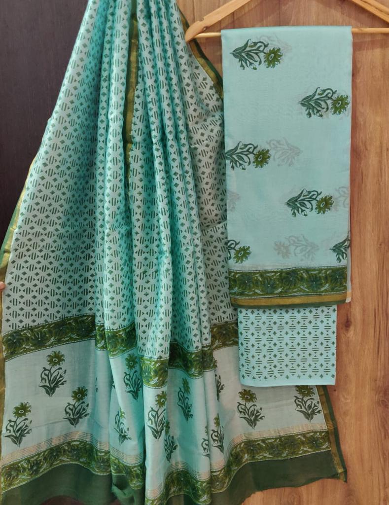Light Green Flower Print Chanderi Unstitched Suit Set with Cotton Bottom