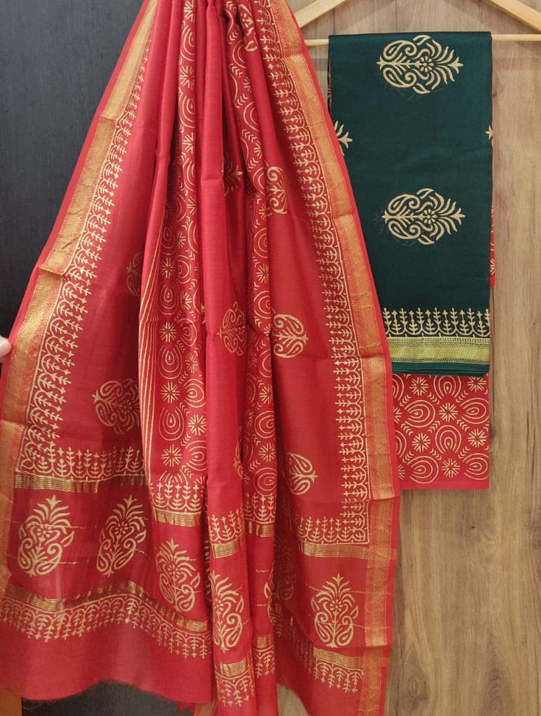 Red Butta Print Maheshwari Silk  Suit Unstitched with Silk Dupatta