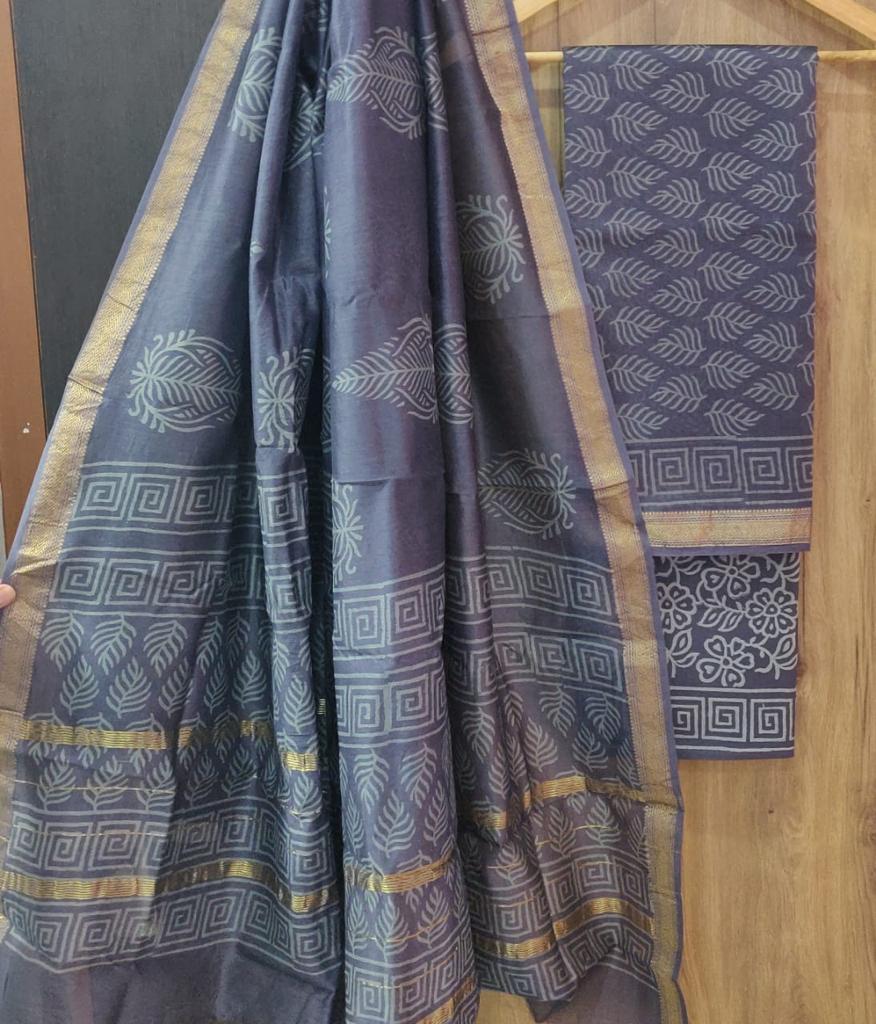 Grey Leaf Print Maheshwari Silk  Suit Unstitched with Silk Dupatta