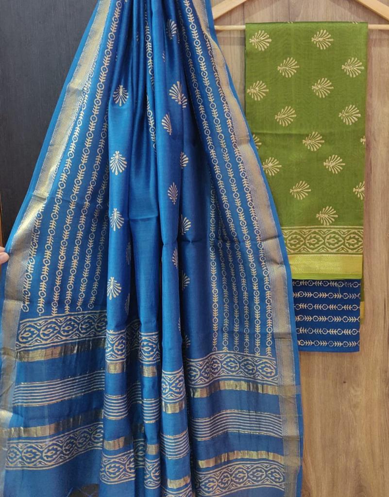 Blue & Green Leaf Print Maheshwari Silk  Suit Unstitched with Silk Dupatta