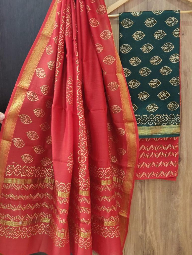 Red & Black Butta Print Maheshwari Silk  Suit Unstitched with Silk Dupatta