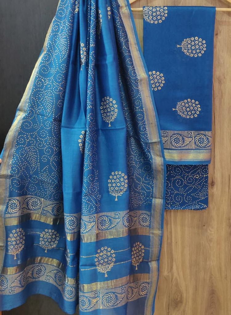 Blue Tree Print Maheshwari Silk  Suit Unstitched with Silk Dupatta