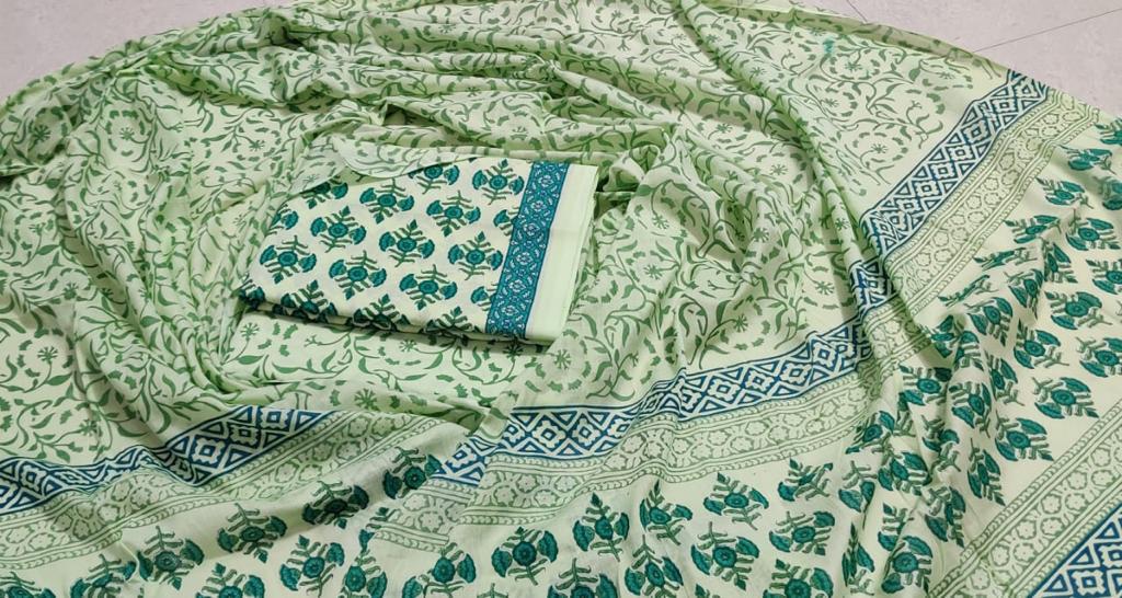 Green Leaf Print Cotton Unstitched Suit Set with Cotton Dupatta