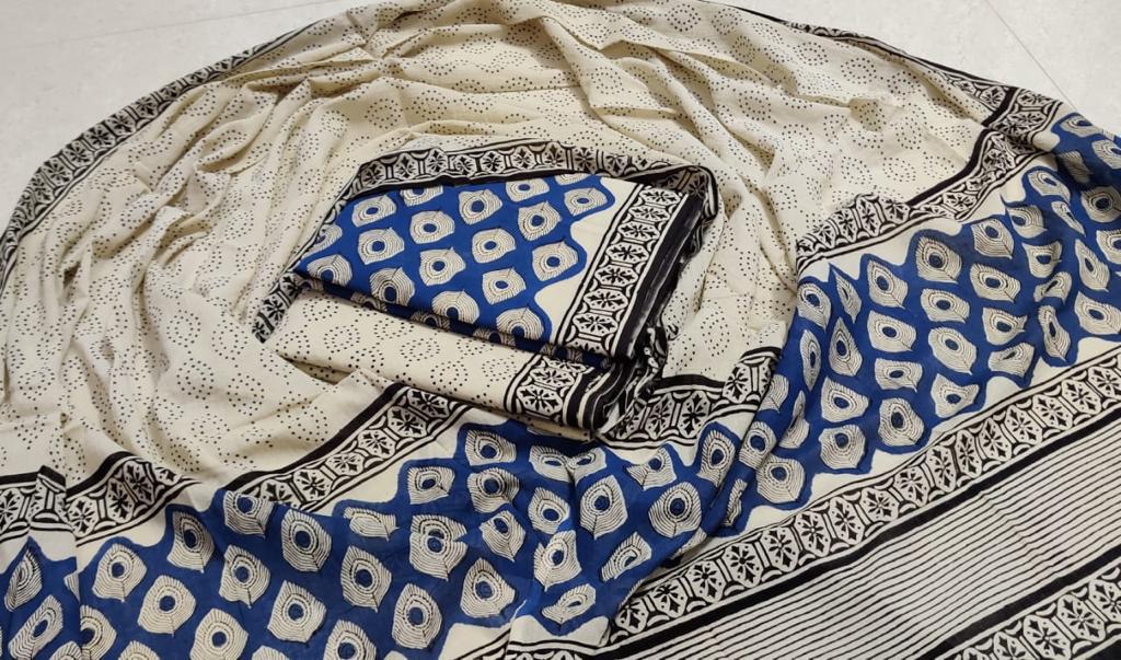 Cream & Blue Leaf Print Cotton Unstitched Suit Set with Cotton Dupatta