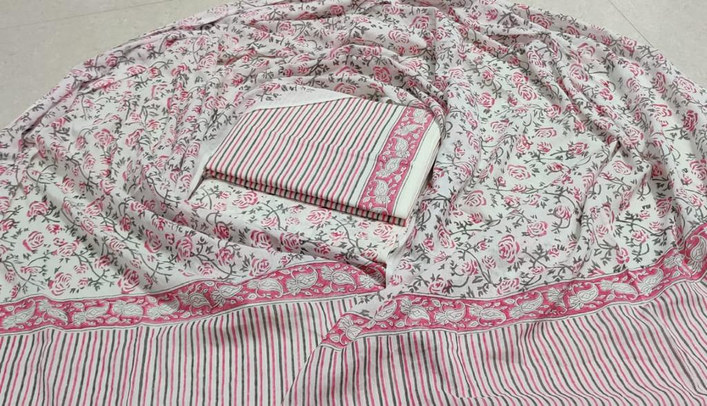 Pink Flower Print Cotton Unstitched Suit Set with Cotton Dupatta