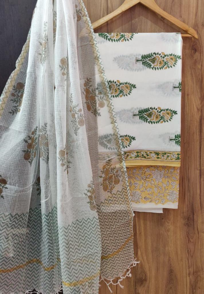 White & Yellow Flower Print Cotton Suit Set with Kota Doria Duppatta