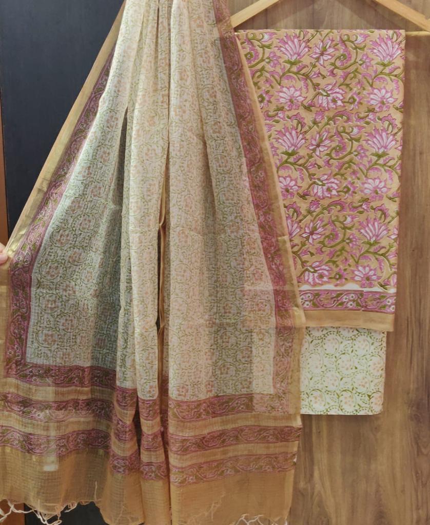 Peach Flower Print Cotton Suit Set with Kota Doria Dupatta