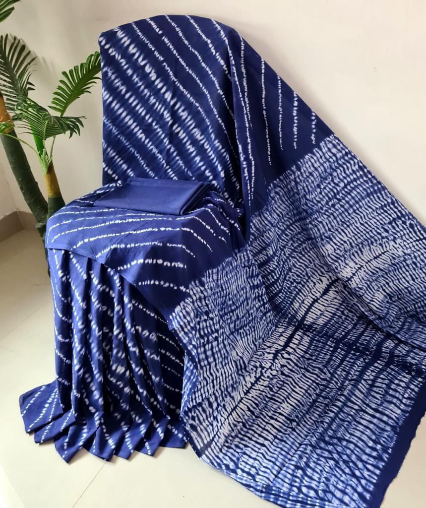 Blue Stripes Print Cotton Mul Mul Saree with Blouse