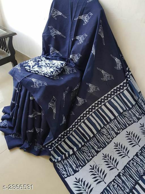 Blue Bird Print Cotton Mul Mul Saree with Blouse