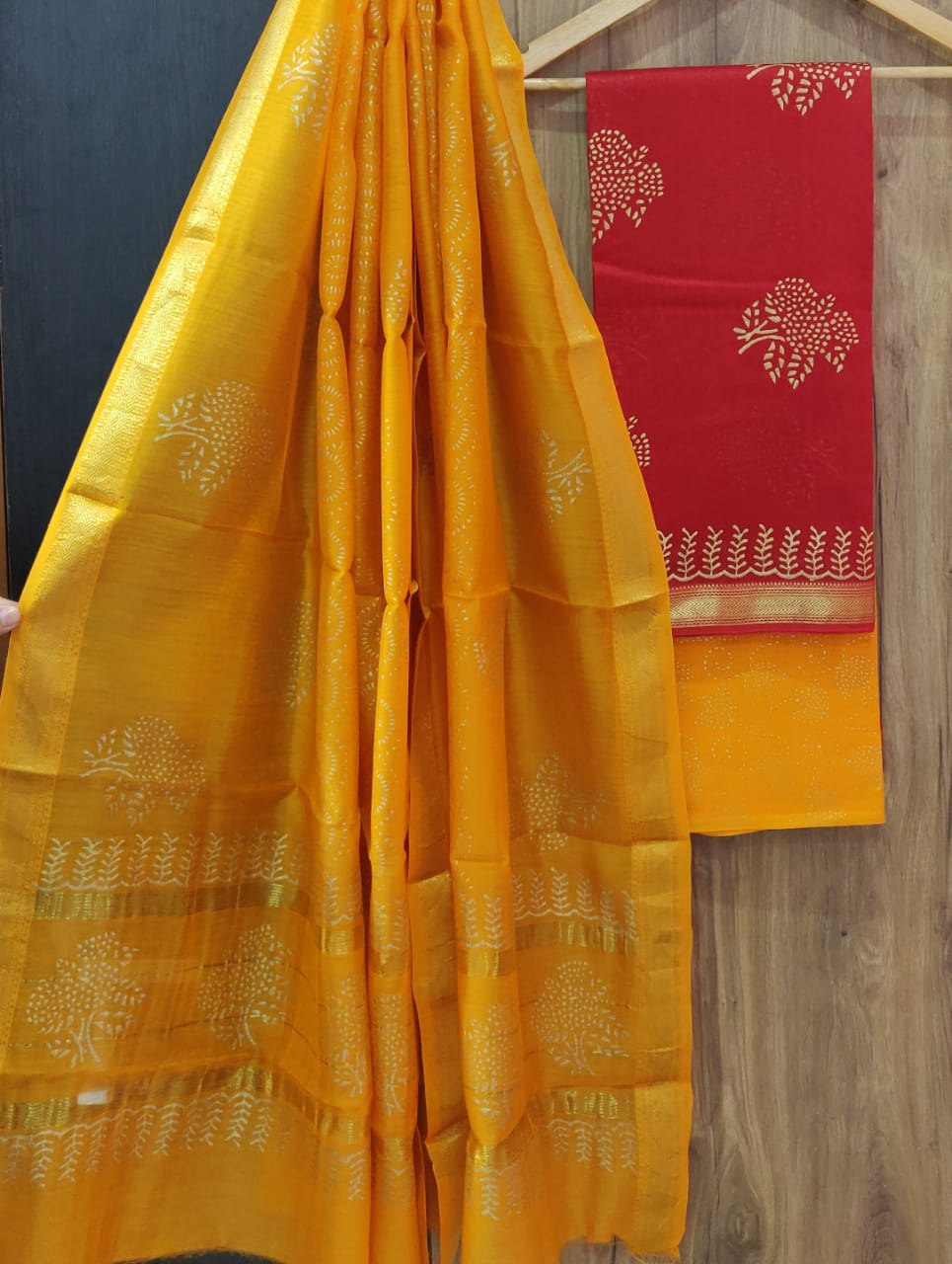 Yellow & Red Butta Print Maheshwari Silk Suit Unstitched with Silk Dupatta