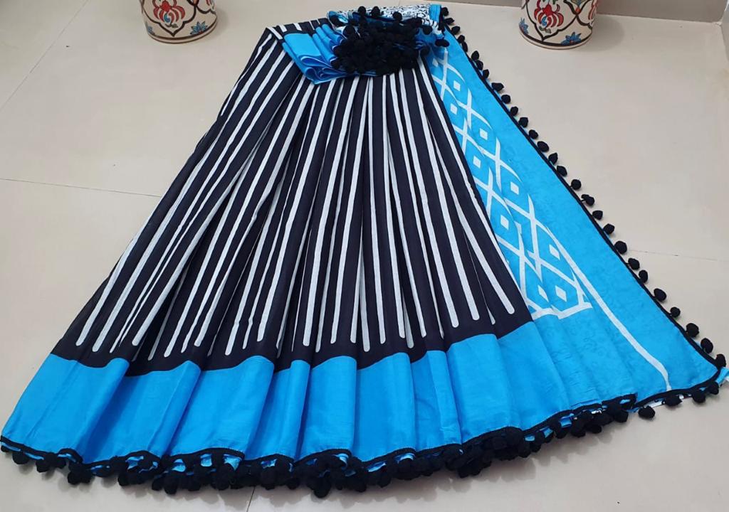 Blue Stripes Print Cotton Mul Mul Saree with Blouse and Pom Pom Lace