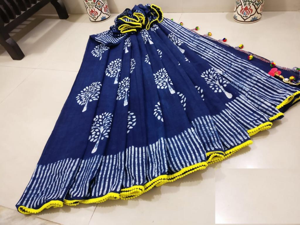 Blue Tree Print Cotton Mul Mul Saree with Blouse and Pom Pom Lace