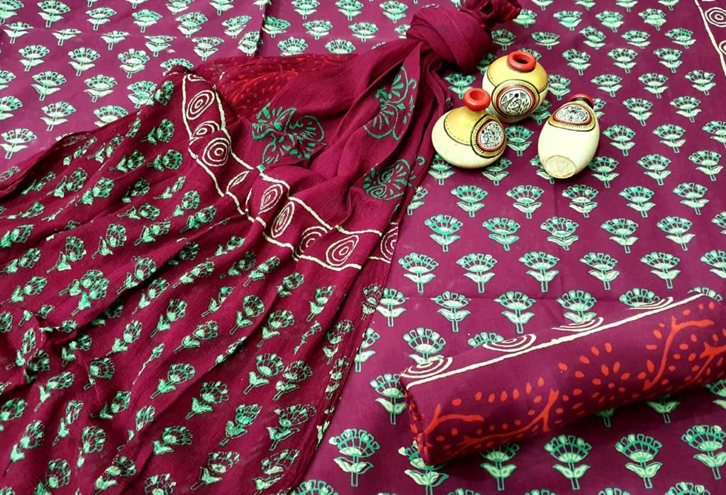 Red Flower Print Cotton Unstitched Suit Set with Chiffon Dupatta