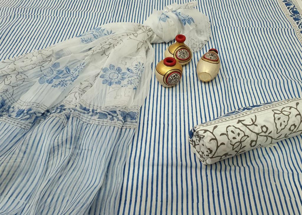Blue Stripes Print Cotton Unstitched Suit Set with Chiffon Dupatta