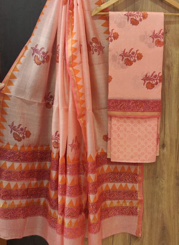 Peach Flower Print Chanderi Unstitched Suit Set with Cotton Bottom