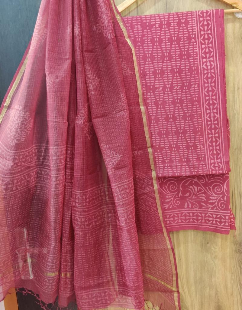 Dark Pink Flower Print Cotton Suit Set with Kota Doria Dupatta