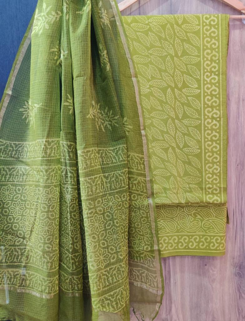 Green Leaf Print Cotton Suit Set with Kota Doria Dupatta