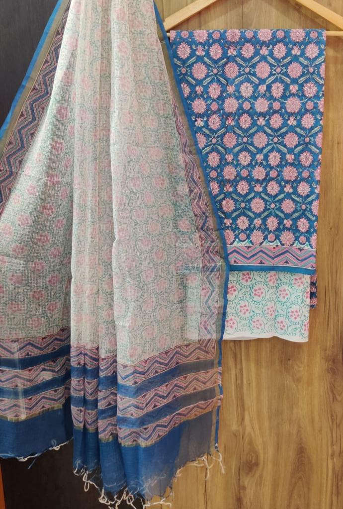 Blue Flower Print Cotton Suit Set with Kota Doria Dupatta