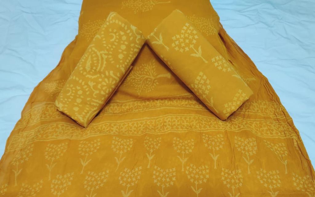 Mustard Flower Print Cotton Unstitched Suit Set with Chiffon Dupatta