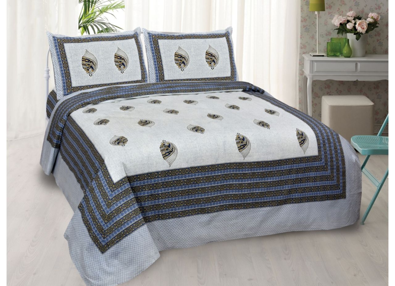 Sea Blue Boota  Print King Size Pure Cotton Bed Sheet