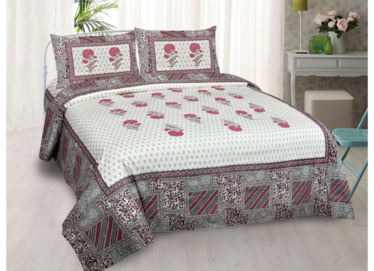 Beautiful White Base Pink Flower Mughal Print King Size Pure Cotton Bed Sheet